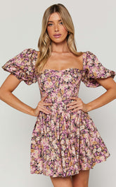 Phorchia Mini Dress - Fit and Flare Puff Sleeve Corset Dress in Noir Fleur Print
