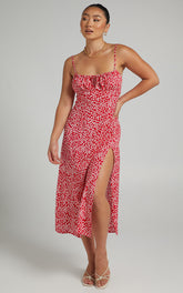 Willa Midi Dress - Ruched Bust Thigh Split Dress in Red Floral