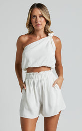 Raylene Two Piece Set - Linen Knotted One Shoulder Top and Paper Bag Waist Shorts in White
