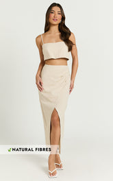 Sabrina Two Piece Top and Skirt Set - Linen Straight Neck Crop Top and Wrap Front Split Midi Skirt in Natural