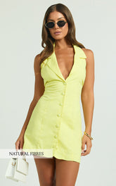 Sammie Mini Dress - Backless Halter Neck Linen Dress in Lemon
