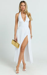 Sandy Midi Dress - Halter Plunge Fit And Flare Dress in White