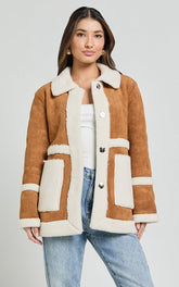 Shelley Coat - Faux Shearling Aviator Coat in Brown