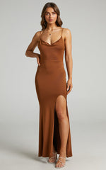 Tasteful Maxi Dress - Cowl Neck Bodycon Thigh Split Dress in Chocolate