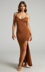 Tasteful Maxi Dress - Cowl Neck Bodycon Thigh Split Dress in Chocolate