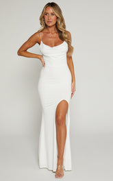 Tasteful Maxi Dress - Cowl Neck Bodycon Thigh Split Dress in White