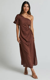 Victoria Midi Dress - Linen One Shoulder Puff Sleeve Cut Out Dress in Chocolate