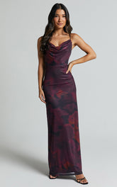 Yasmina Midi Dress - Strappy Cowl Neck Slip Dress in Midnight Bloom