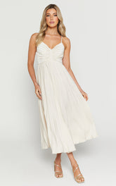 Zayla Midi Dress - Plisse Twist Front Dress in Oyster