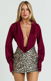 Zephyr Bodysuit - Plunge Neck Cowl Bodysuit in Wine