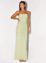 Sassafras Beaded Flower Strapless Maxi Dress Lime