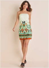 Poplin Strapless Mini Dress Seti Olive Ikat