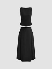 Woven Boat Neck Solid Tank Top & Mid Rise Midi Skirt