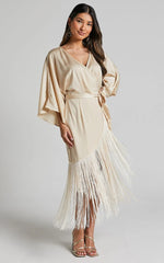 Harlen Midi Dress - V Neck 3/4 Sleeve Asymmetric Fringe Hem Wrap Dress in Champagne