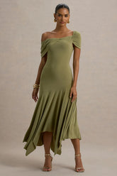 Castor Olive Asymmetric Midi Dress
