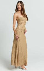 Santiago Midi Dress - Textured Jersey Strapless Twist Waist Dress in Beige