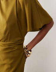 satin high neck blouson maxi dress with flutter sleeve in dark khaki