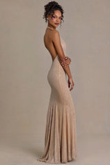Embellished Plunge Neck Open Back Gown in Beige Gold