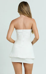Monroe Two Piece Set - Strapless Button Down Longline Vest Top and High Waisted Mini Skirt in White