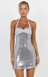 Grace Mini Dress - Twisted Bust A Line Sequin Dress in Grey