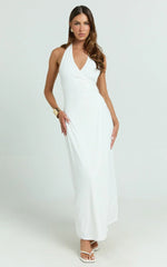 Roseville Midi - Wrap Front Halter Dress with Hardware Detail in White