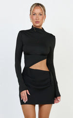 Tallulah Mini Dress - High Neck Side Ruched Cut Out Dress in Black