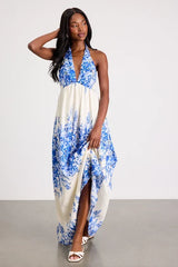 Leona Ivory and Blue Floral Halter Maxi Dress