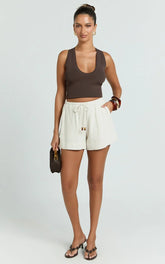 Ruby Short - Beaded Drawstring Relaxed Linen Shorts in Natural