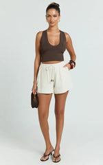 Ruby Short - Beaded Drawstring Relaxed Linen Shorts in Natural