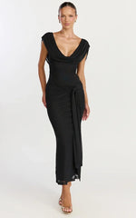 Zena Midi Dress - Cowl Neck Tie Detail Dress in Black