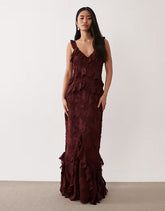 Pretty Lavish devore frill detailing cami maxi dress in mahogany red