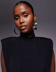 Ruched & Ready sculpting high neck padded shoulder detail extreme draped front mini dress in black