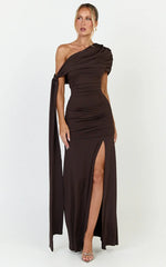 Bree Maxi Dress - Cape Tie Off Shoulder Fit And Flare Dress in Chocolate