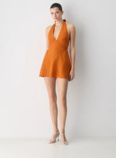 Nightscape Linen Halter Micro Dress-mesa orange