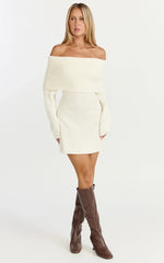 Erin Mini Dress - Cable Knit Off Shoulder Long Sleeve Dress in Cream