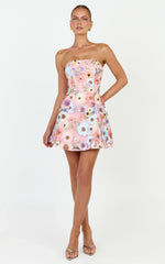 Cosima Mini Dress - Strapless 3D Floral Fit And Flare Dress in Multi