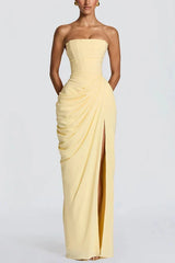 Cyra Back Lace-up Asymmetrical Pleats Strapless Slit Maxi Dress