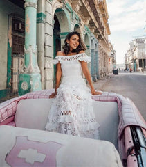 JuliaFashion - White Lace Petal Sleeve Vintage Maxi Dress