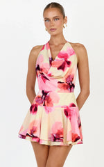 Sailor Mini Dress - Halter Neck Fit And Flare Dress in Floral Bloom Print