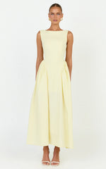 Casina Midi Dress - Boat Neck Tie Back Fit And Flare Dress in Yellow