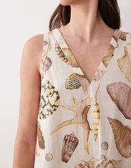 cotton linen v neck smock mini dress in shell print
