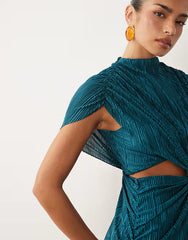 batwing plait ruched waist plisse dress in blue teal