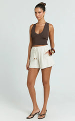 Ruby Short - Beaded Drawstring Relaxed Linen Shorts in Natural