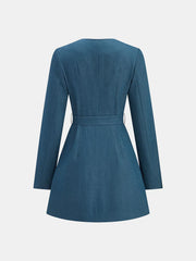 Square-Neck Belted Metal Button Mini Dress