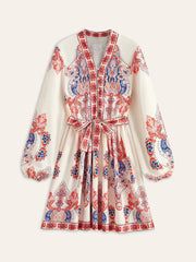 Floral Print Buttoned Belted Dress