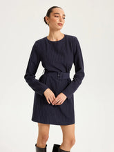 Long Sleeve Pinstripe Belted Mini Dress