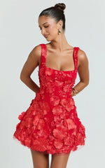 Sienna Mini Dress - 3D Floral Fit And Flare Dress in Red