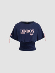 England London Cotton-blend Graphic Side Stripe Bowknot Ruched Tee