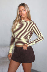 Catch My Heart Cinched Waist Long Sleeve Top Chocolate/Banana Stripe