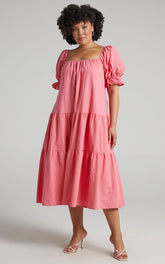 Zaharrah Midi Dress - Tiered Dress in Coral Linen Look